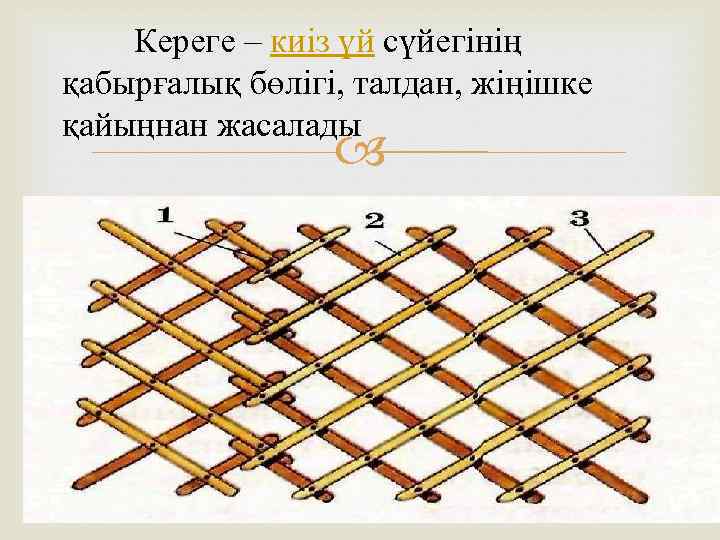 Кереге – киіз үй сүйегінің қабырғалық бөлігі, талдан, жіңішке қайыңнан жасалады 