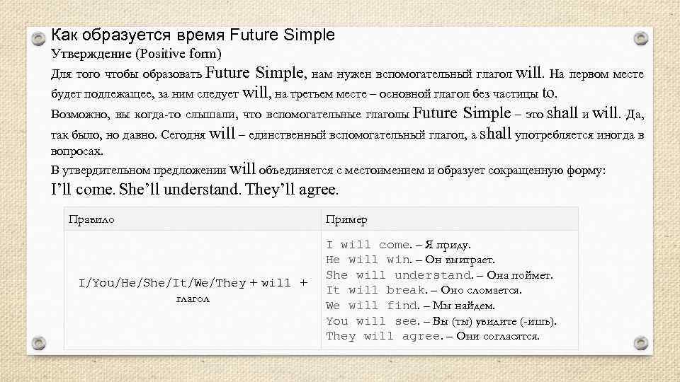 Как образуется время Future Simple Утверждение (Positive form) Для того чтобы образовать Future Simple,