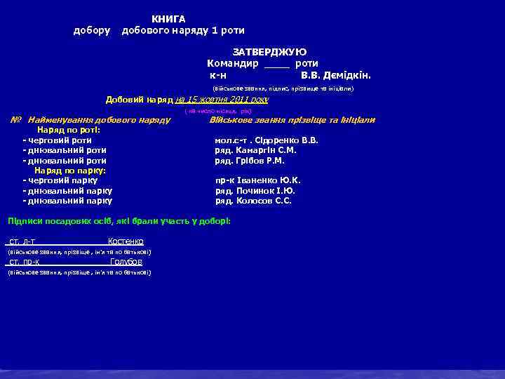 КНИГА Добір, розподіл 1 та призначення складу добору добового наряду роти добового. ЗАТВЕРДЖУЮ роти