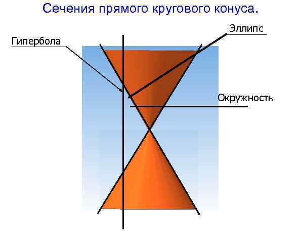 Сечения прямого кругового конуса. Эллипс Гипербола Окружность 