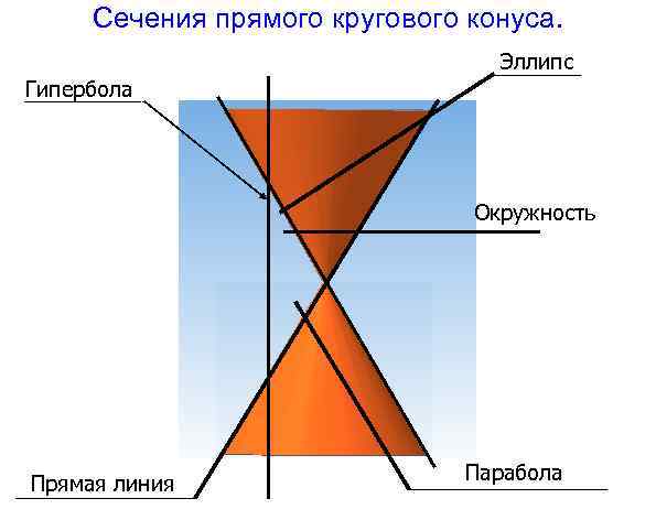 Сечения прямого кругового конуса. Эллипс Гипербола Окружность Прямая линия Парабола 