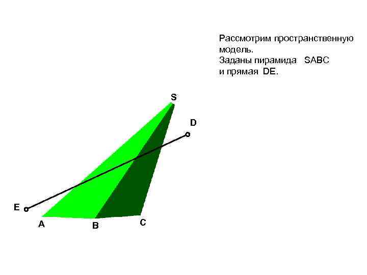 Рассмотрим пространственную модель. Заданы пирамида SАВС и прямая DE. S D Е А В