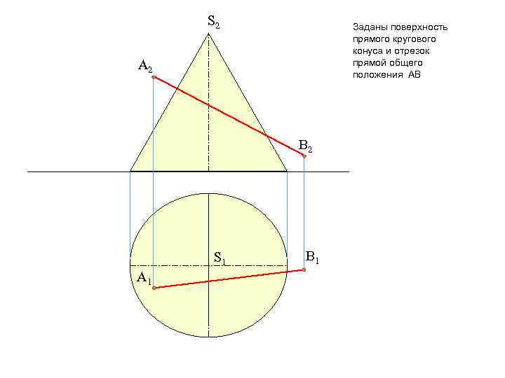 S 2 Заданы поверхность прямого кругового конуса и отрезок прямой общего положения АВ A