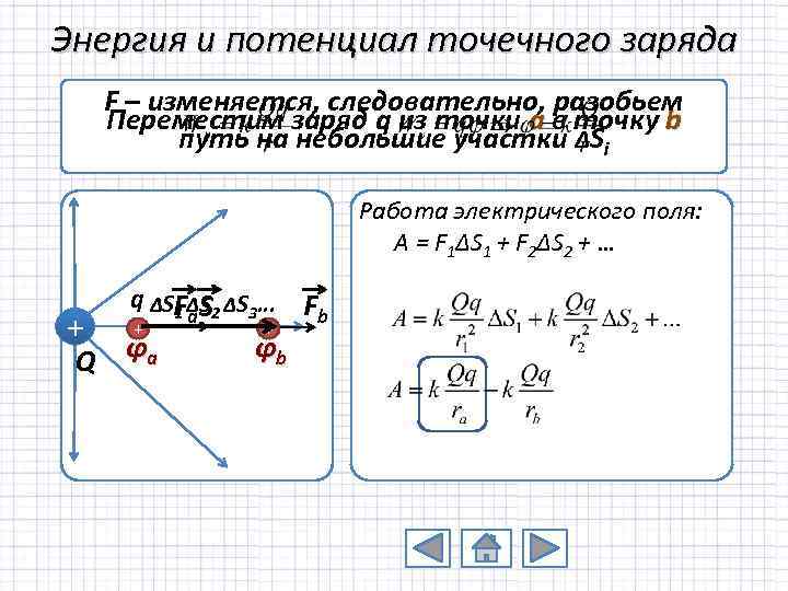 Энергия и потенциал точечного заряда F – изменяется, следовательно, разобьем Переместим заряд q из