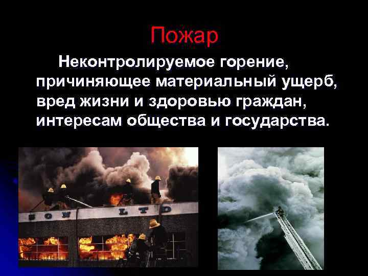 Пожар Неконтролируемое горение, причиняющее материальный ущерб, вред жизни и здоровью граждан, интересам общества и