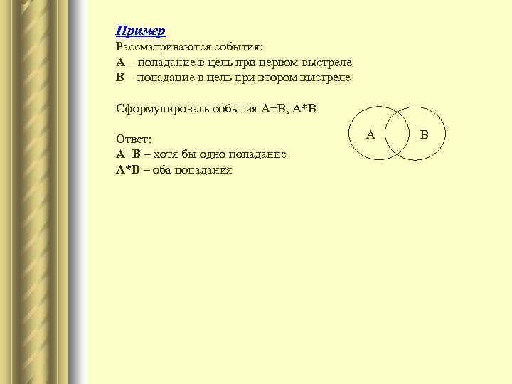 Пример Рассматриваются события: А – попадание в цель при первом выстреле В – попадание