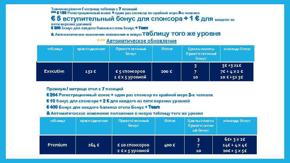 Топ-менеджмент / матрица таблица с 7 позиций Топ*** € 132 Регистрационный взнос + один