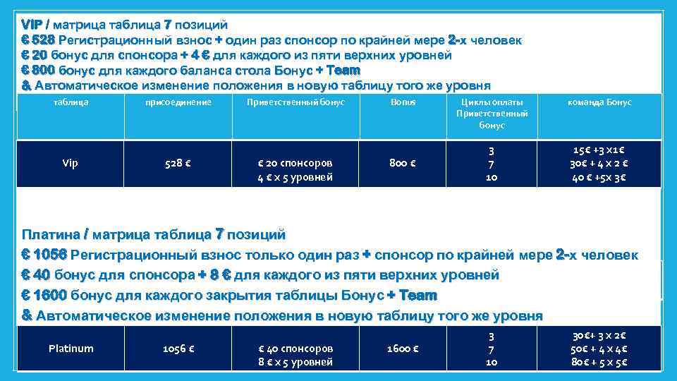 VIP / матрица таблица 7 позиций € 528 Регистрационный взнос + один раз спонсор