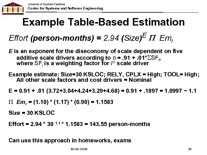 University of Southern California Center for Systems and Software Engineering Example Table-Based Estimation Effort