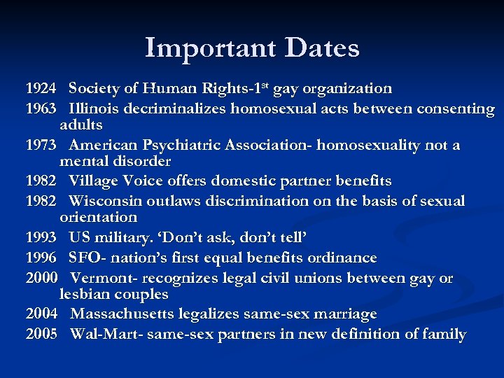 Important Dates 1924 Society of Human Rights-1 st gay organization 1963 Illinois decriminalizes homosexual