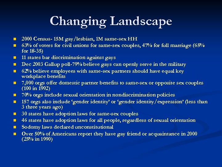 Changing Landscape n n n 2000 Census- 15 M gay/lesbian, 1 M same-sex HH