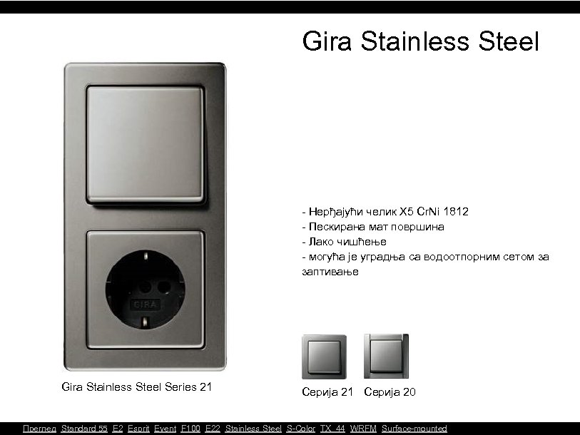 Gira Stainless Steel - Нерђајући челик X 5 Cr. Ni 1812 - Пескирана мат