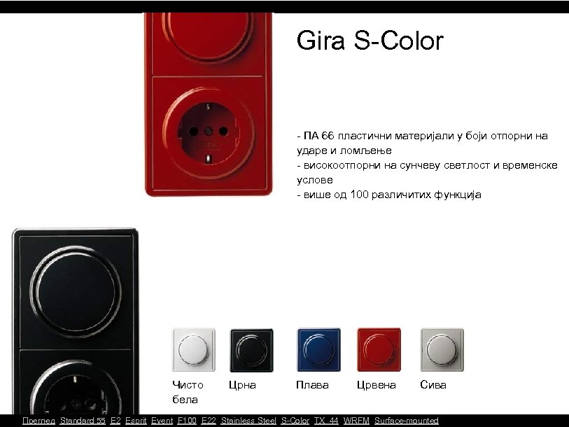 Gira S-Color - ПА 66 пластични материјали у боји отпорни на ударе и ломљење