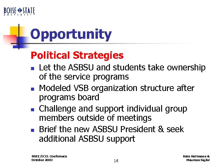 Opportunity Political Strategies n n Let the ASBSU and students take ownership of the