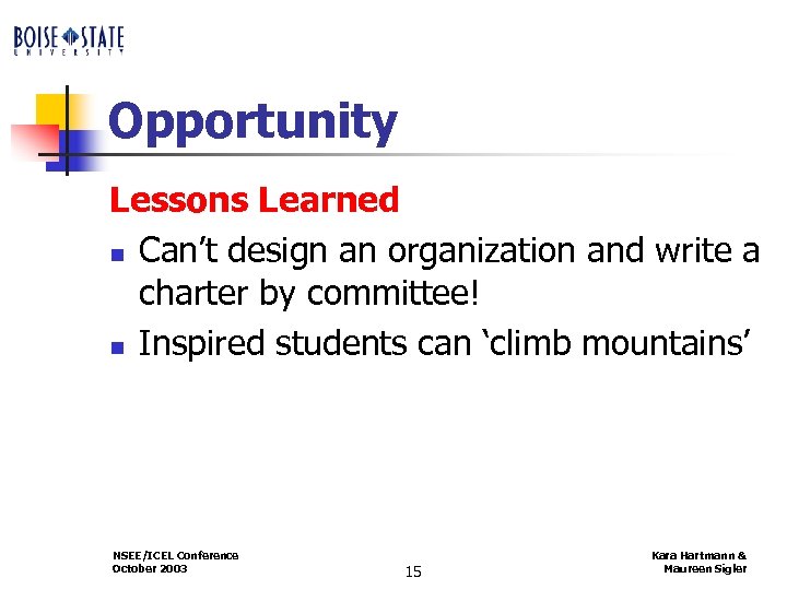 Opportunity Lessons Learned n Can’t design an organization and write a charter by committee!