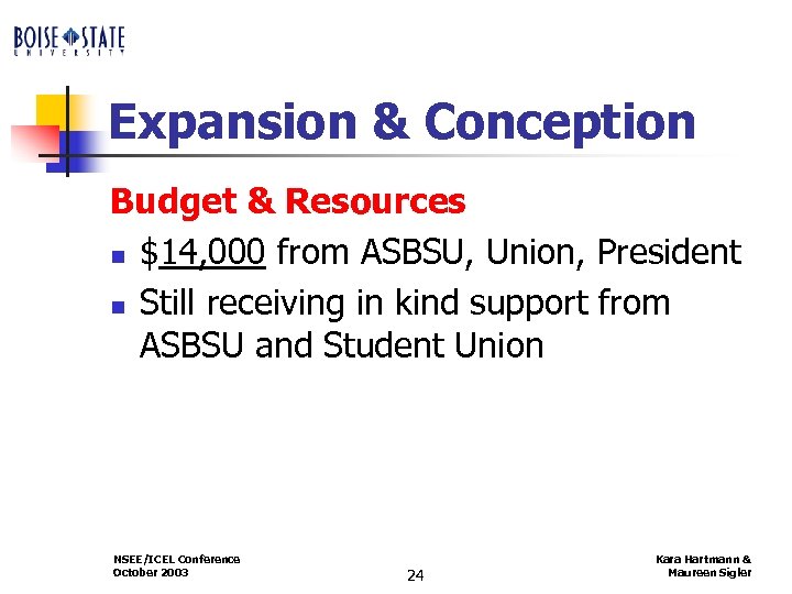 Expansion & Conception Budget & Resources n $14, 000 from ASBSU, Union, President n