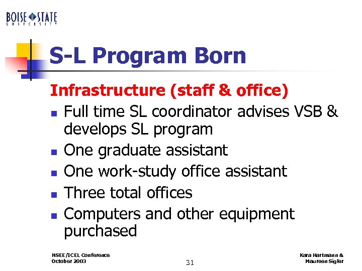 S-L Program Born Infrastructure (staff & office) n Full time SL coordinator advises VSB