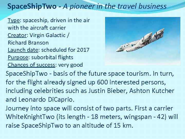 Space. Ship. Two - A pioneer in the travel business Type: spaceship, driven in