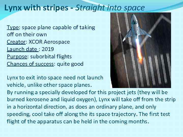 Lynx with stripes - Straight into space Type: space plane capable of taking off