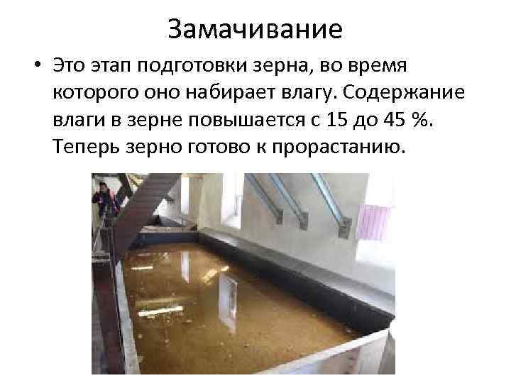 Замачивание • Это этап подготовки зерна, во время которого оно набирает влагу. Содержание влаги