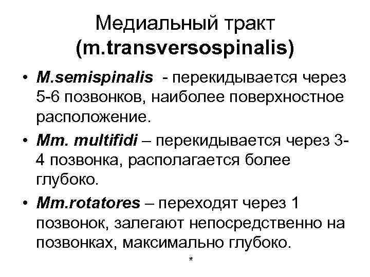 Медиальный тракт (m. transversospinalis) • M. semispinalis - перекидывается через 5 -6 позвонков, наиболее