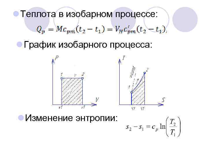 l Теплота в изобарном процессе: l График изобарного процесса: l Изменение энтропии: 