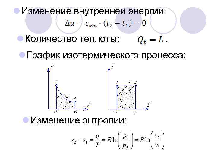 l Изменение внутренней энергии: l Количество теплоты: l График изотермического процесса: l Изменение энтропии:
