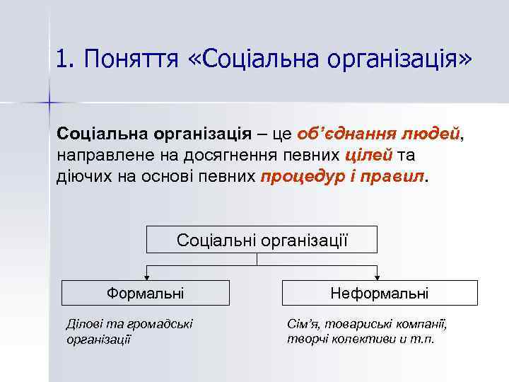 1. Поняття «Соціальна організація» Соціальна організація – це об’єднання людей, направлене на досягнення певних
