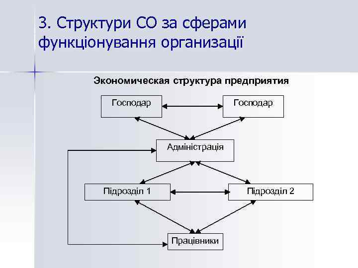 3. Структури СО за сферами функціонування организації Экономическая структура предприятия Господар Адміністрація Підрозділ 1