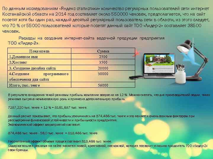 По данным исследованиям «Яндекс статистики» количество регулярных пользователей сети интернет Костанайской области на 2014