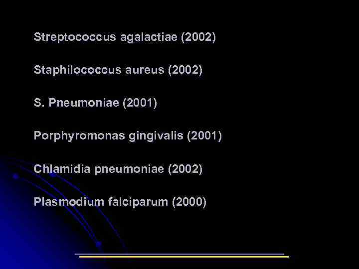 Streptococcus agalactiae (2002) Staphilococcus aureus (2002) S. Pneumoniae (2001) Porphyromonas gingivalis (2001) Chlamidia pneumoniae