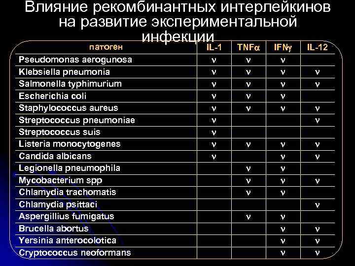 Влияние рекомбинантных интерлейкинов на развитие экспериментальной инфекции патоген Pseudomonas aerogunosa Klebsiella pneumonia Salmonella typhimurium