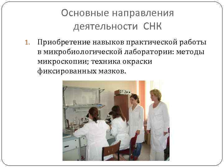 Основные направления деятельности СНК 1. Приобретение навыков практической работы в микробиологической лаборатории: методы микроскопии;