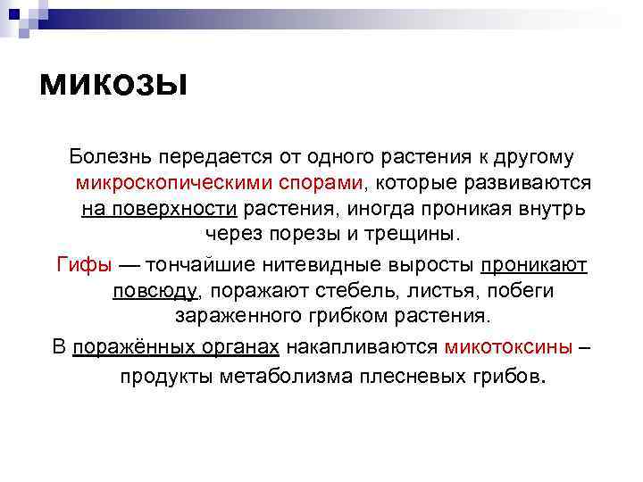 микозы Болезнь передается от одного растения к другому микроскопическими спорами, которые развиваются на поверхности