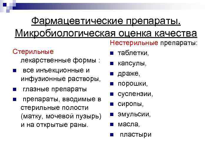 Фармацевтические препараты. Микробиологическая оценка качества Нестерильные препараты: Стерильные n таблетки, лекарственные формы : n