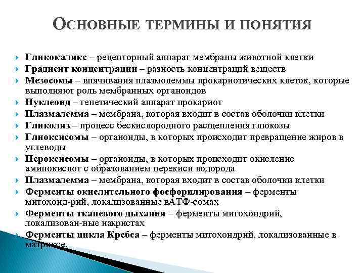 ОСНОВНЫЕ ТЕРМИНЫ И ПОНЯТИЯ Гликокаликс – рецепторный аппарат мембраны животной клетки Градиент концентрации –