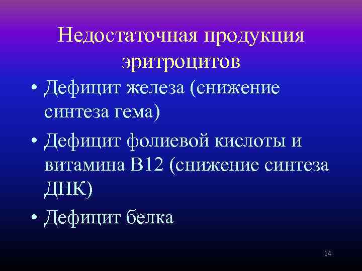 Недостаточная продукция эритроцитов • Дефицит железа (снижение синтеза гема) • Дефицит фолиевой кислоты и