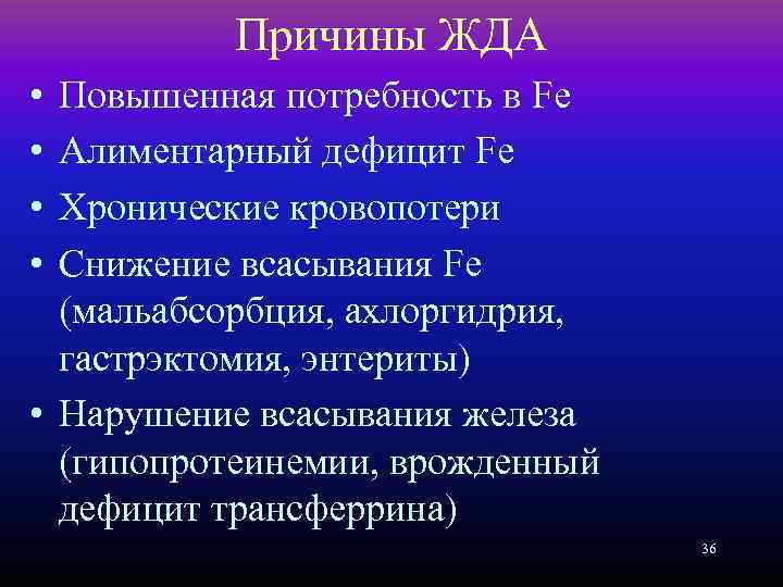 Причины ЖДА • • Повышенная потребность в Fe Алиментарный дефицит Fe Хронические кровопотери Снижение