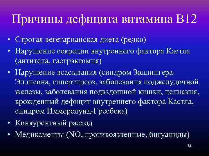 Причины дефицита витамина В 12 • Строгая вегетарианская диета (редко) • Нарушение секреции внутреннего