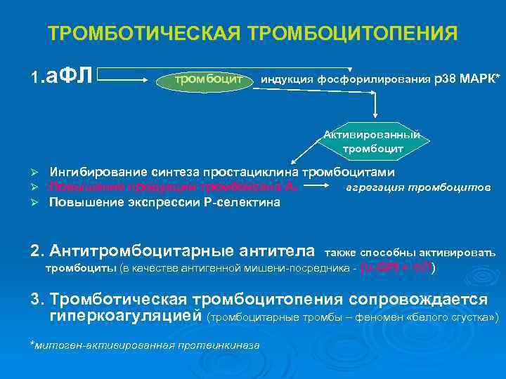 ТРОМБОТИЧЕСКАЯ ТРОМБОЦИТОПЕНИЯ 1. а. ФЛ тромбоцит индукция фосфорилирования р38 МАРК* Активированный тромбоцит Ø Ø