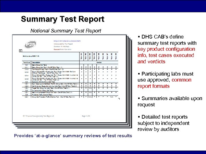Summary Test Report Notional Summary Test Report § DHS CAB’s define summary test reports