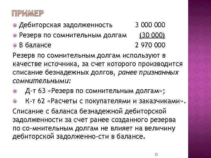 Дебиторская задолженность 3 000 Резерв по сомнительным долгам (30 000) В балансе 2 970