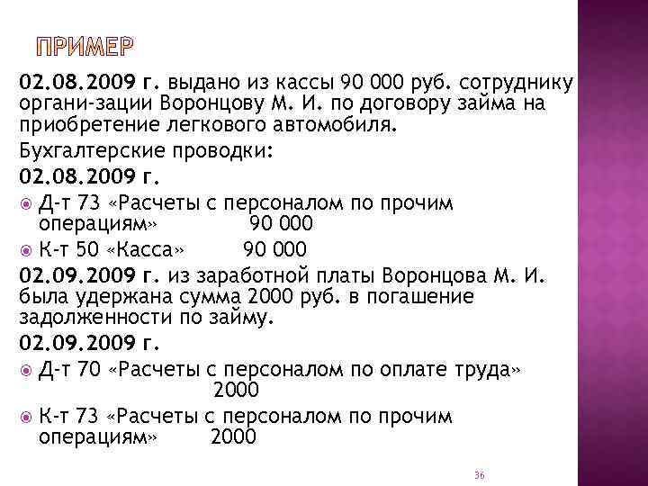 02. 08. 2009 г. выдано из кассы 90 000 руб. сотруднику органи зации Воронцову