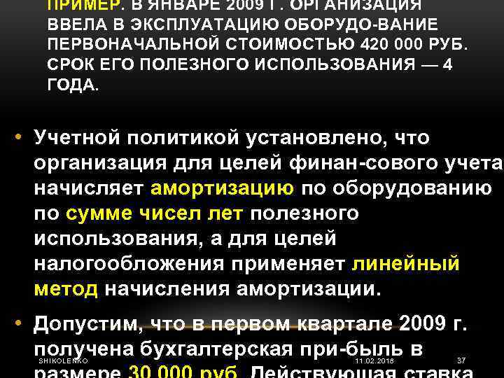 ПРИМЕР. В ЯНВАРЕ 2009 Г. ОРГАНИЗАЦИЯ ВВЕЛА В ЭКСПЛУАТАЦИЮ ОБОРУДО ВАНИЕ ПЕРВОНАЧАЛЬНОЙ СТОИМОСТЬЮ 420