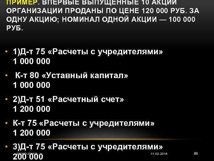 ПРИМЕР. ВПЕРВЫЕ ВЫПУЩЕННЫЕ 10 АКЦИЙ ОРГАНИЗАЦИИ ПРОДАНЫ ПО ЦЕНЕ 120 000 РУБ. ЗА ОДНУ