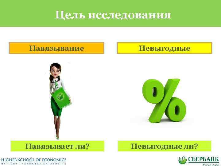 Цель исследования Навязывание Невыгодные Навязывает ли? Невыгодные ли? 