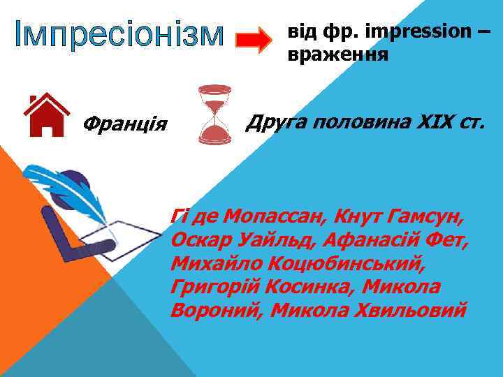 Імпресіонізм Франція від фр. impression – враження Друга половина XIX ст. Гі де Мопассан,
