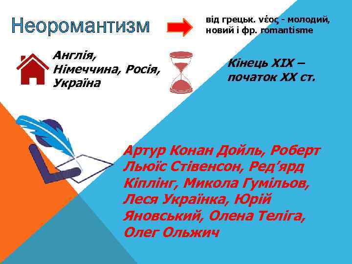 Неоромантизм Англія, Німеччина, Росія, Україна від грецьк. νέος - молодий, новий і фр. romantisme