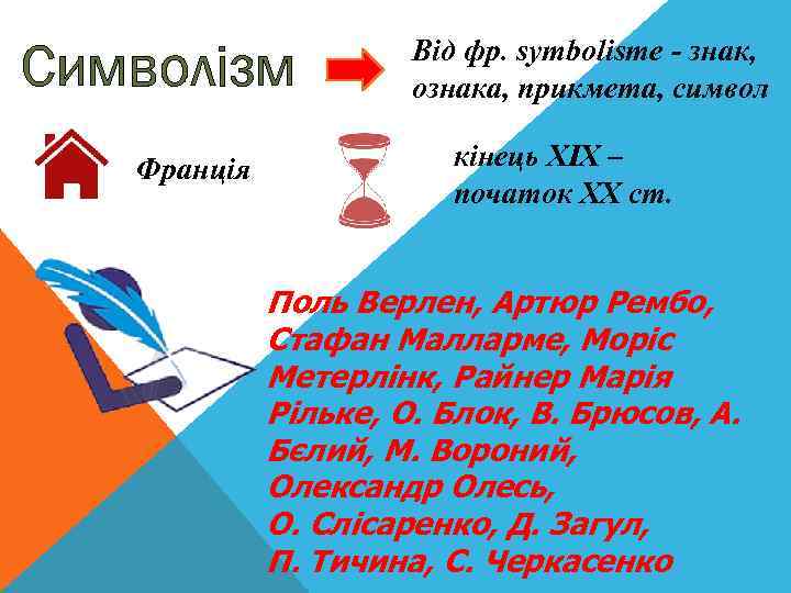 Символізм Франція Від фр. symbolisme - знак, ознака, прикмета, символ кінець ХІХ – початок