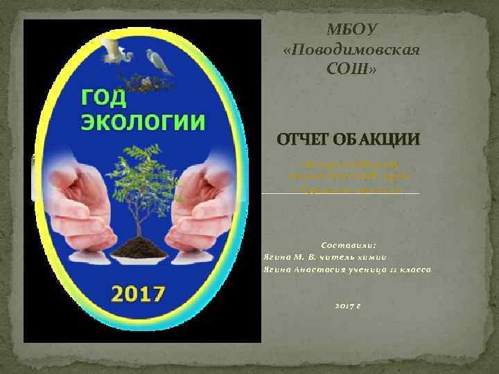 МБОУ «Поводимовская СОШ» ОТЧЕТ ОБ АКЦИИ «Всероссийский экологический урок « Сделаем вместе!» Составили: Ягина